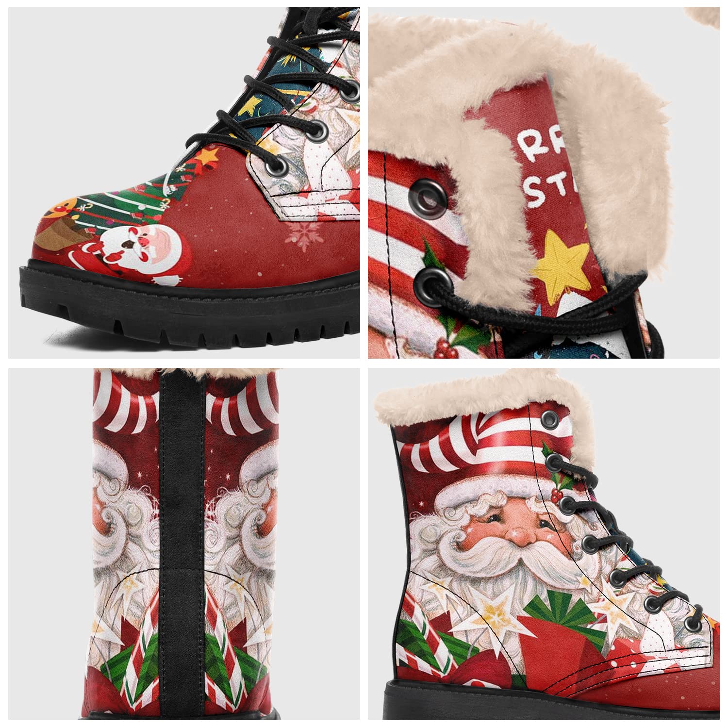 Botas de invierno para mujer, botas de Navidad personalizadas con estampado de Papá Noel para mujer, botines con cordones forrados de piel 