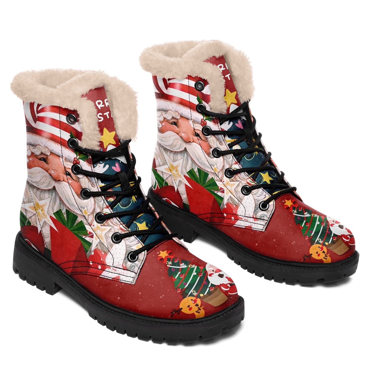 Botas de invierno para mujer, botas de Navidad personalizadas con estampado de Papá Noel para mujer, botines con cordones forrados de piel 