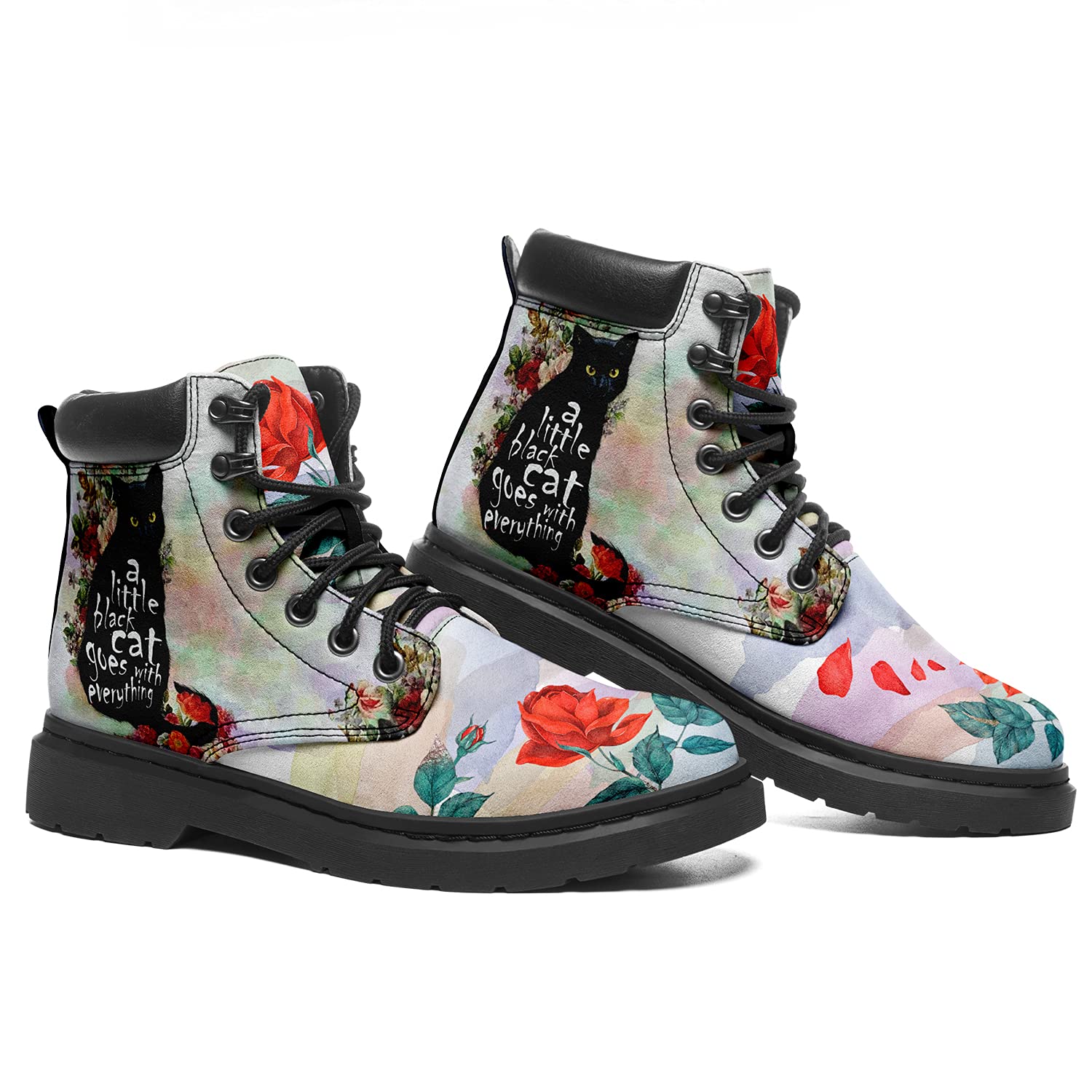 Botas clásicas con estampado de flores, botines para mujer, botas de combate a la moda de cuero con cordones para mujer